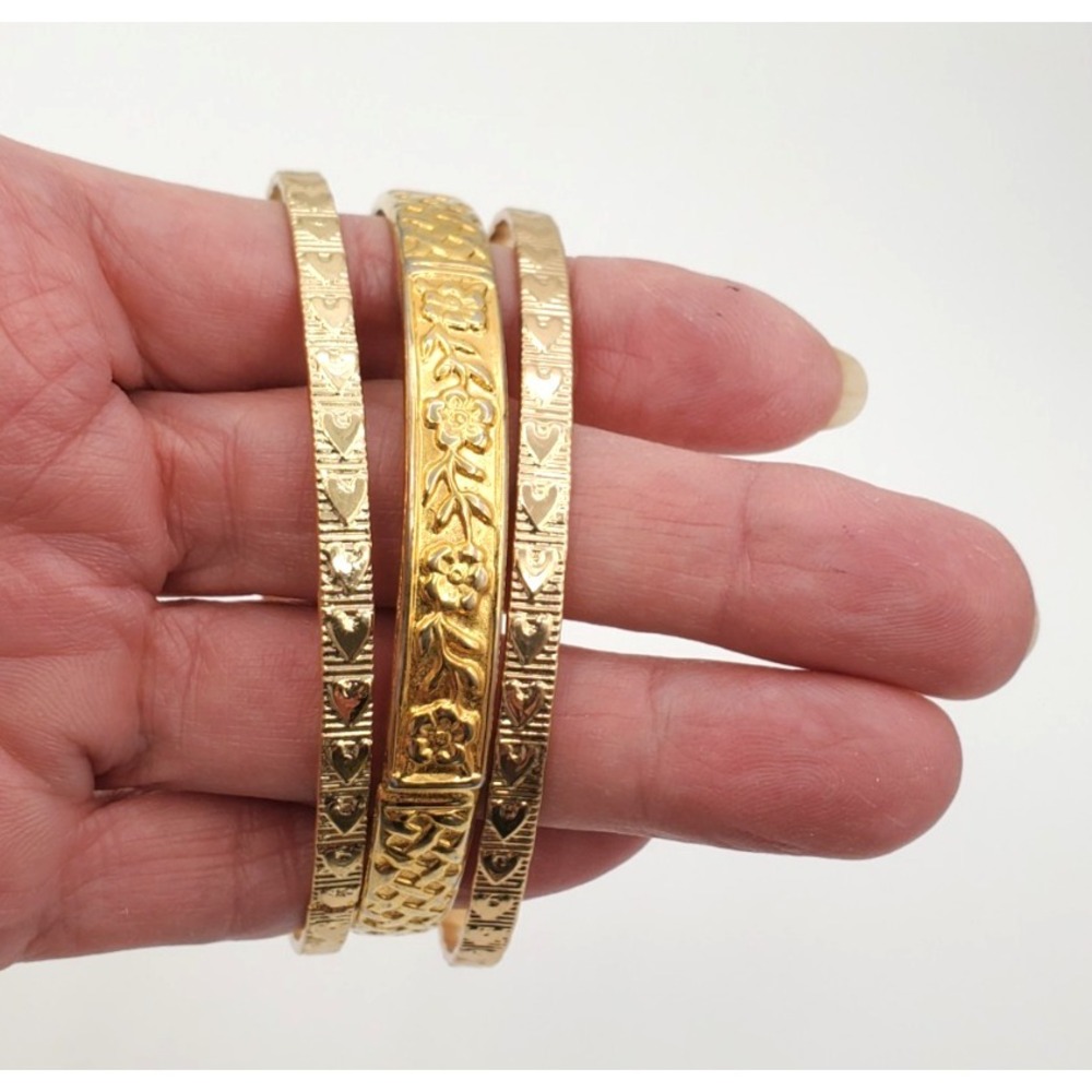 3 Engraved Bangle Bracelets Gold Tone High‎ Sparkle